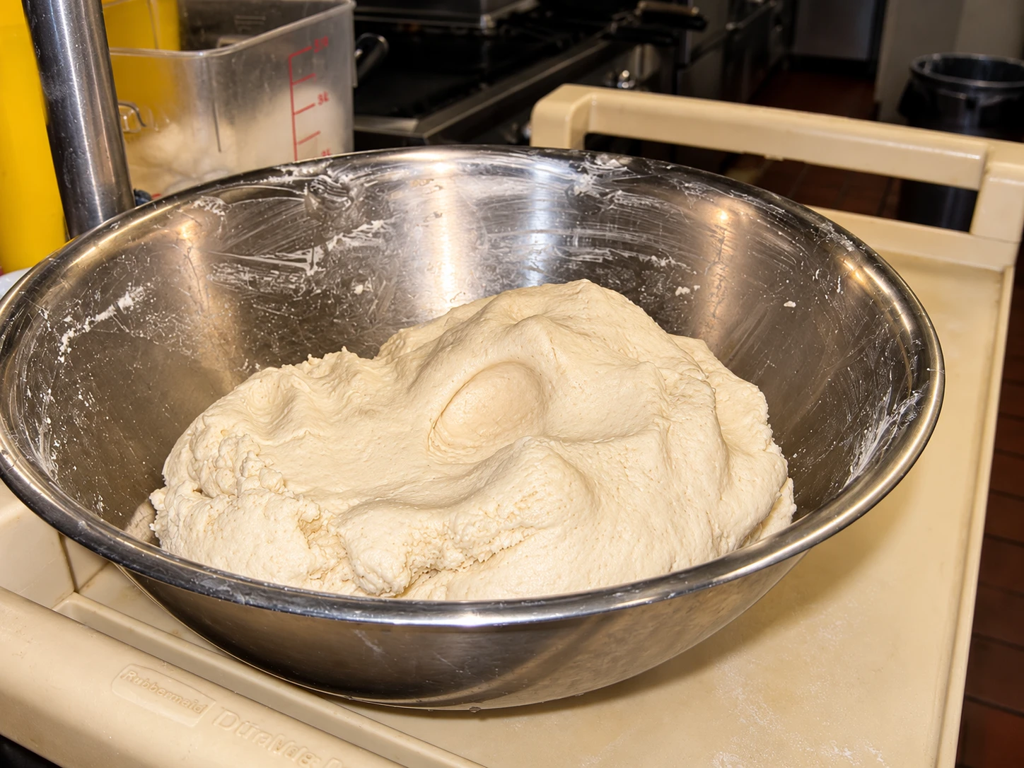 Fresh dough in a stainless steel mixing bowl in the restaurant kitchen
